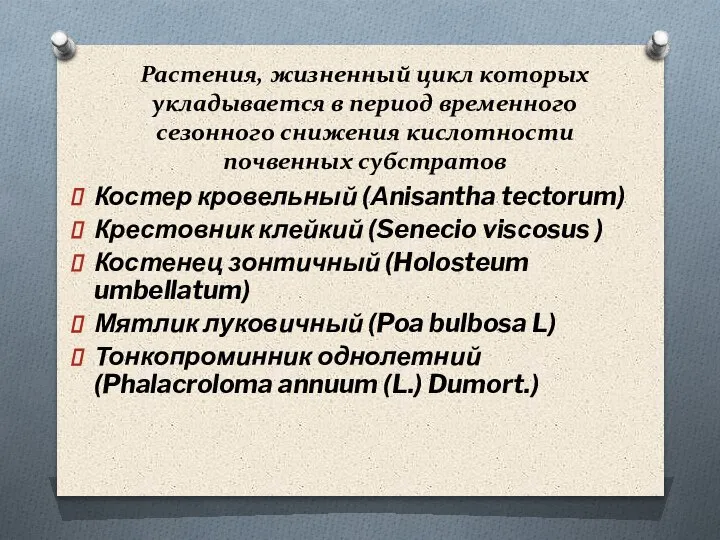 Растения, жизненный цикл которых укладывается в период временного сезонного снижения кислотности почвенных