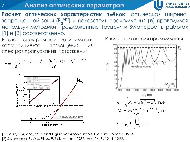 Анализ оптических параметров [1] Tauc, J. Amorphous and Liquid Semiconductors: Plenum, London,