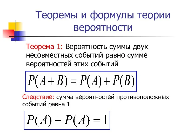 Теоремы и формулы теории вероятности Теорема 1: Вероятность суммы двух несовместных событий