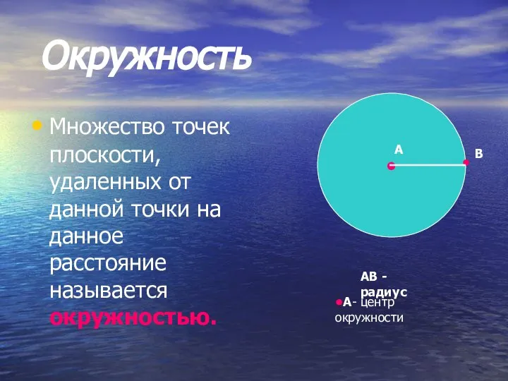 Окружность Множество точек плоскости, удаленных от данной точки на данное расстояние называется