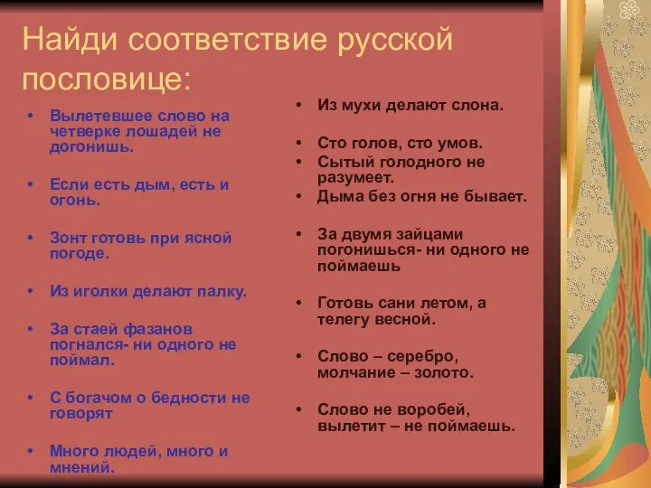 Найди соответствие русской пословице: Вылетевшее слово на четверке лошадей не догонишь. Если