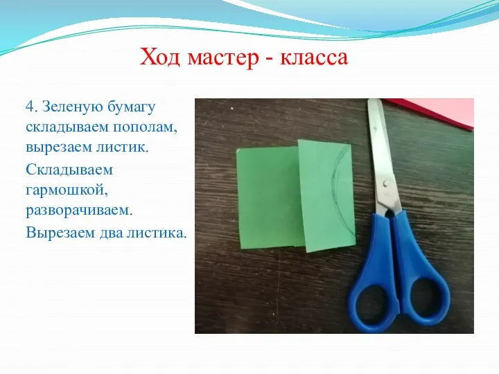 Ход мастер - класса 4. Зеленую бумагу складываем пополам, вырезаем листик. Складываем