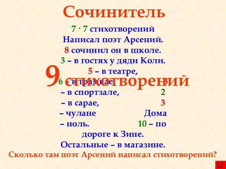 7 · 7 стихотворений Написал поэт Арсений. 8 сочинил он в школе.