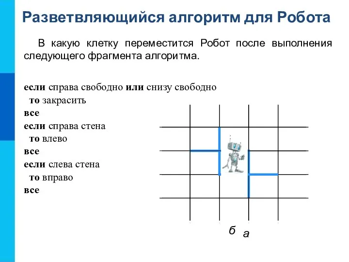 Разветвляющийся алгоритм для Робота В какую клетку переместится Робот после выполнения следующего