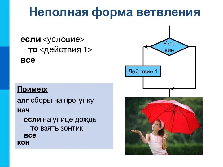 Неполная форма ветвления если то все Пример: алг сборы на прогулку нач