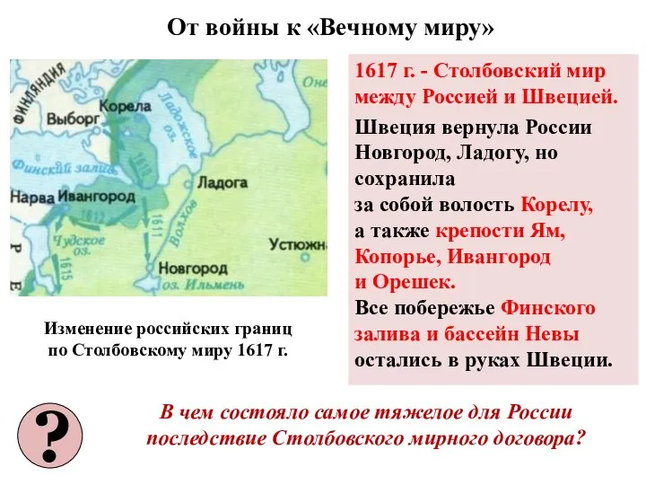 1617 г. - Столбовский мир между Россией и Швецией. Швеция вернула России