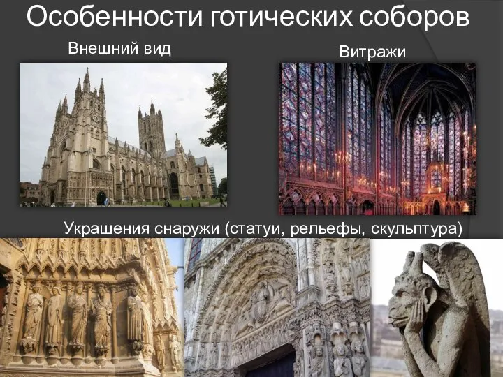 Особенности готических соборов Внешний вид Украшения снаружи (статуи, рельефы, скульптура) Витражи