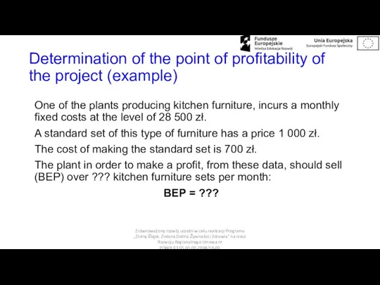 Determination of the point of profitability of the project (example) One of