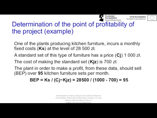 Determination of the point of profitability of the project (example) One of