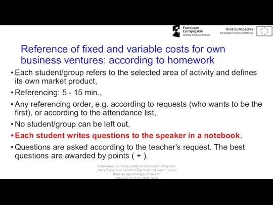 Reference of fixed and variable costs for own business ventures: according to