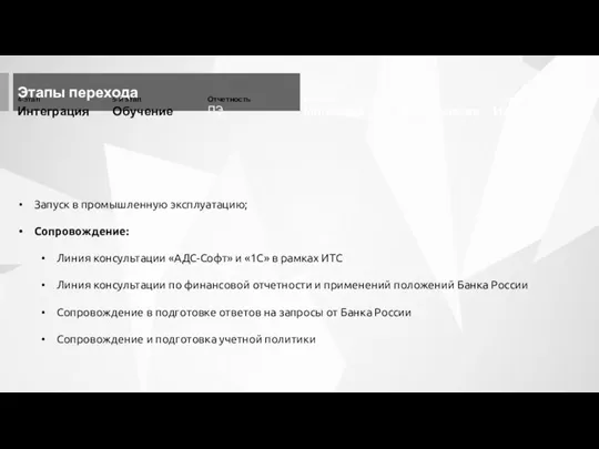 Этапы перехода Запуск в промышленную эксплуатацию; Сопровождение: Линия консультации «АДС-Софт» и «1С»