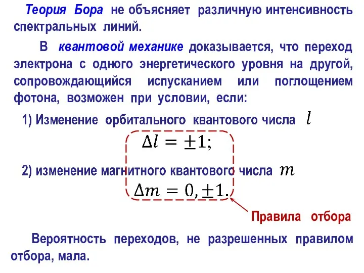 Теория Бора не объясняет различную интенсивность спектральных линий. В квантовой механике доказывается,