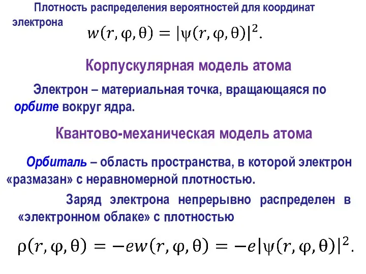 Квантово-механическая модель атома Заряд электрона непрерывно распределен в «электронном облаке» с плотностью