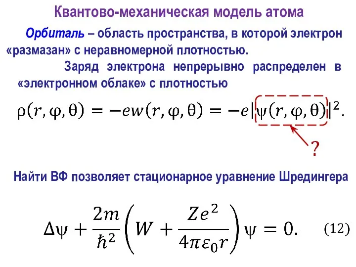 Найти ВФ позволяет стационарное уравнение Шредингера Орбиталь – область пространства, в которой