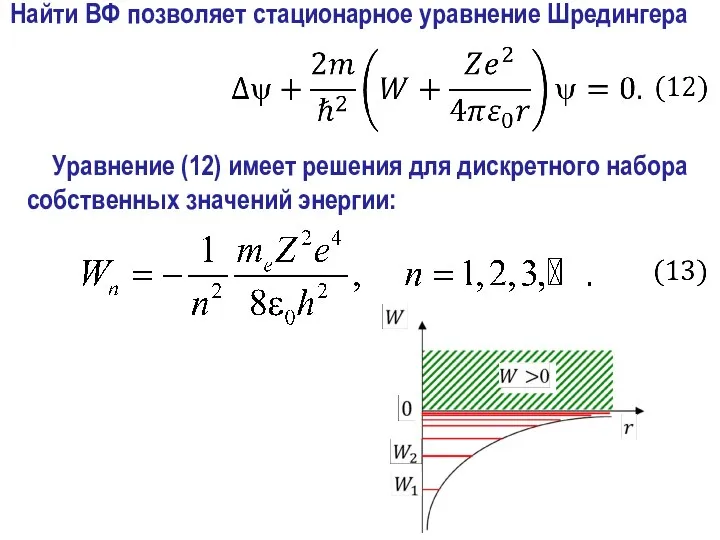 Уравнение (12) имеет решения для дискретного набора собственных значений энергии: