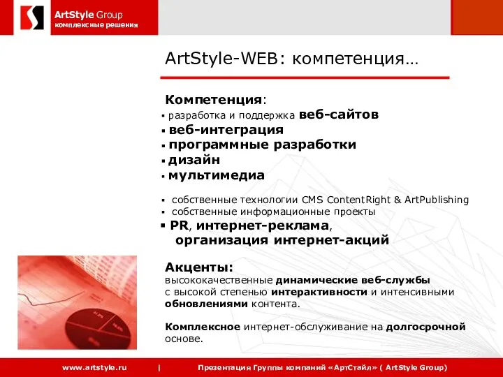 ArtStyle-WEB: компетенция… Компетенция: разработка и поддержка веб-сайтов веб-интеграция программные разработки дизайн мультимедиа