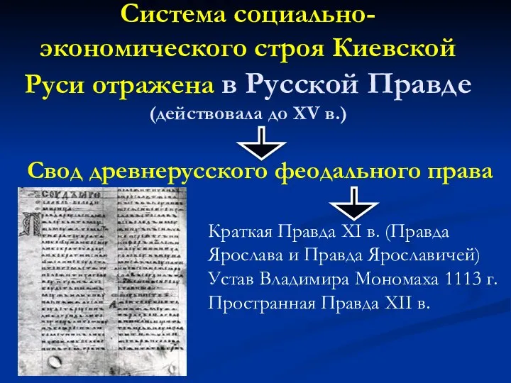 Система социально-экономического строя Киевской Руси отражена в Русской Правде (действовала до XV