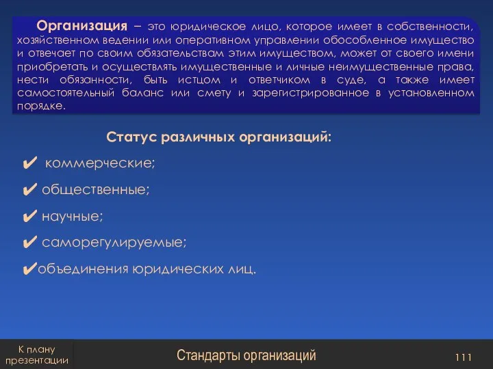 Статус различных организаций: коммерческие; общественные; научные; саморегулируемые; объединения юридических лиц. Организация –