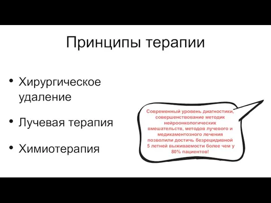 Принципы терапии Хирургическое удаление Лучевая терапия Химиотерапия Современный уровень диагностики, совершенствование методик