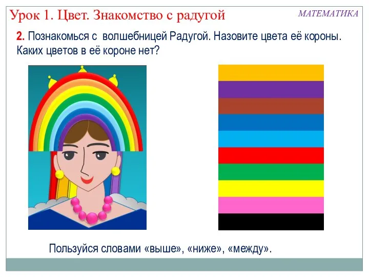 2. Познакомься с волшебницей Радугой. Назовите цвета её короны. Каких цветов в