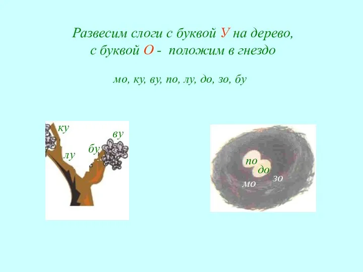Развесим слоги с буквой У на дерево, с буквой О - положим