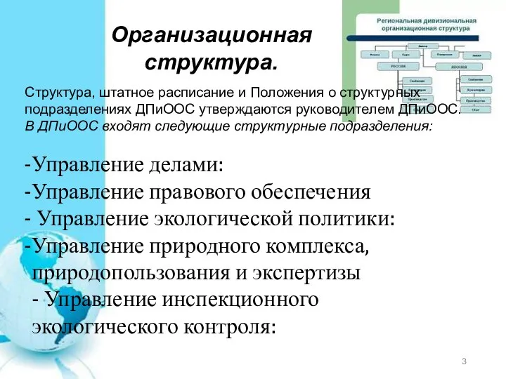 Организационная структура. Структура, штатное расписание и Положения о структурных подразделениях ДПиООС утверждаются