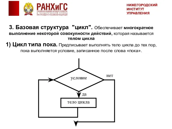 3. Базовая структура "цикл". Обеспечивает многократное выполнение некоторой совокупности действий, которая называется