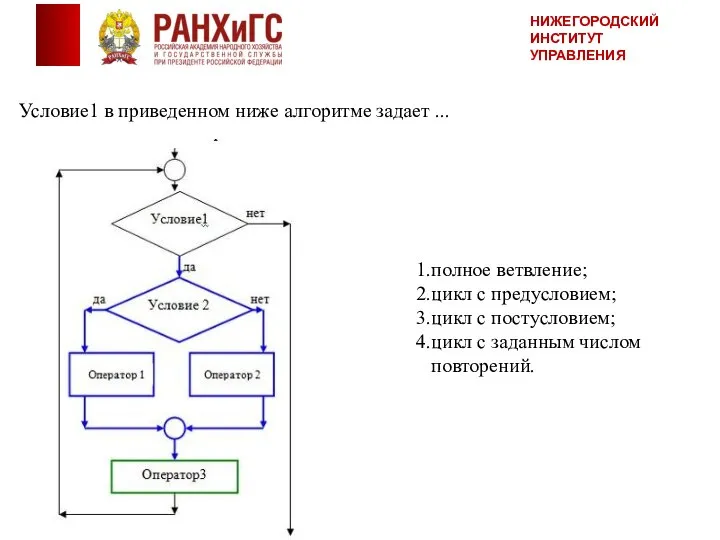 Условие1 в приведенном ниже алгоритме задает ... полное ветвление; цикл с предусловием;