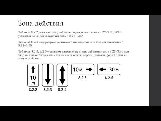 Зона действия Табличка 8.2.2 указывает зону действия запрещающих знаков 3.27–3.30; 8.2.3 указывает