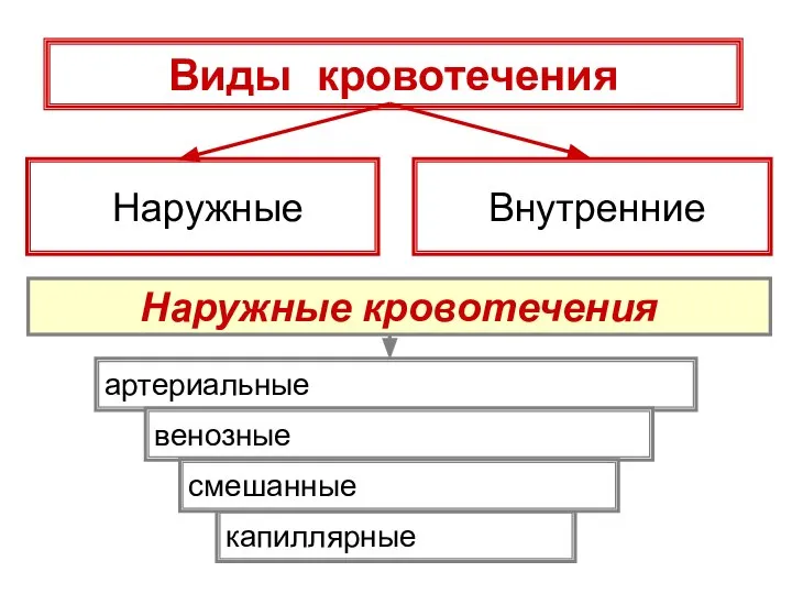 Виды кровотечения Наружные кровотечения Наружные Внутренние артериальные венозные капиллярные смешанные