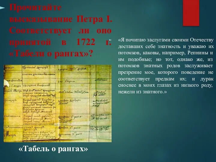 Прочитайте высказывание Петра I. Соответствует ли оно принятой в 1722 г. «Табели