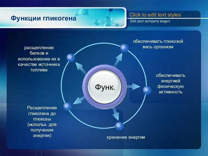 Функции гликогена Функ. обеспечивать глюкозой весь организм хранение энергии обеспечивать энергией физическую