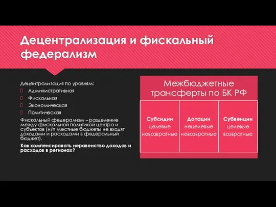 Децентрализация и фискальный федерализм Децентрализация по уровням: Административная Фискальная Экономическая Политическая Фискальный