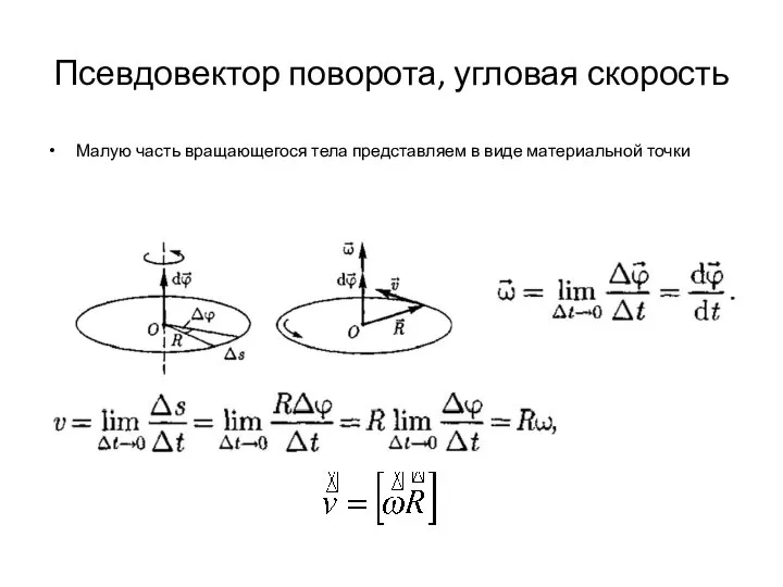 Псевдовектор поворота, угловая скорость Малую часть вращающегося тела представляем в виде материальной точки