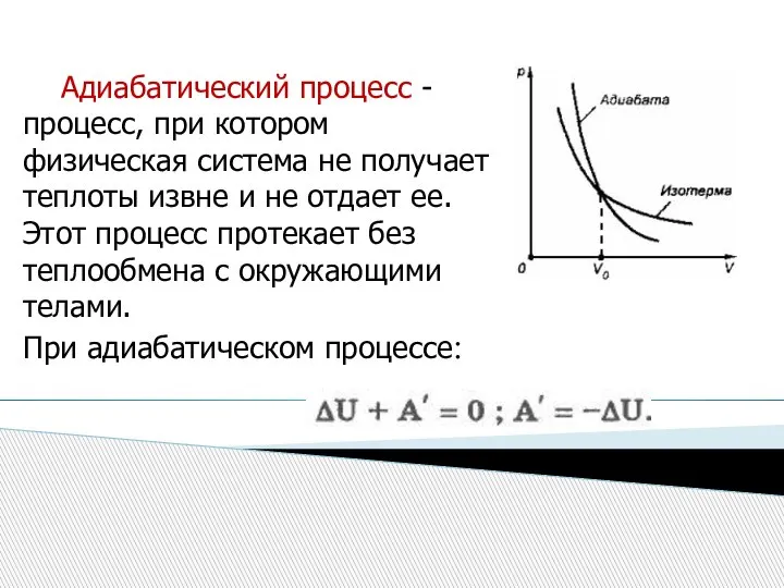 Адиабатический процесс - процесс, при котором физическая система не получает теплоты извне