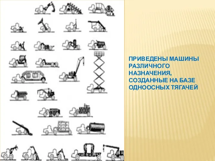 ПРИВЕДЕНЫ МАШИНЫ РАЗЛИЧНОГО НАЗНАЧЕНИЯ, СОЗДАННЫЕ НА БАЗЕ ОДНООСНЫХ ТЯГАЧЕЙ