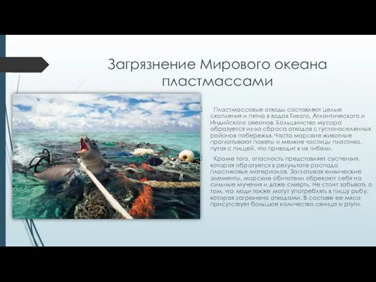 Загрязнение Мирового океана пластмассами Пластмассовые отходы составляют целые скопления и пятна в