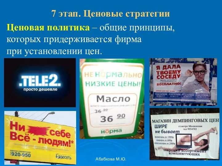 27.10.2015 Абабкова М.Ю. 7 этап. Ценовые стратегии Ценовая политика – общие принципы,