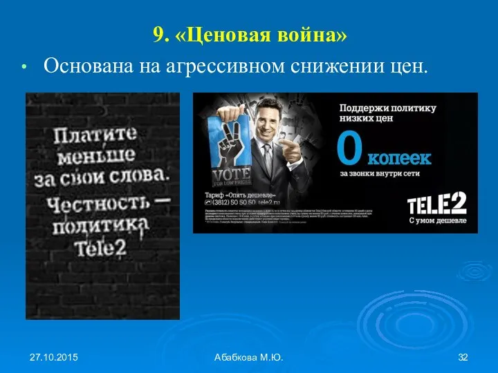 27.10.2015 Абабкова М.Ю. 9. «Ценовая война» Основана на агрессивном снижении цен.