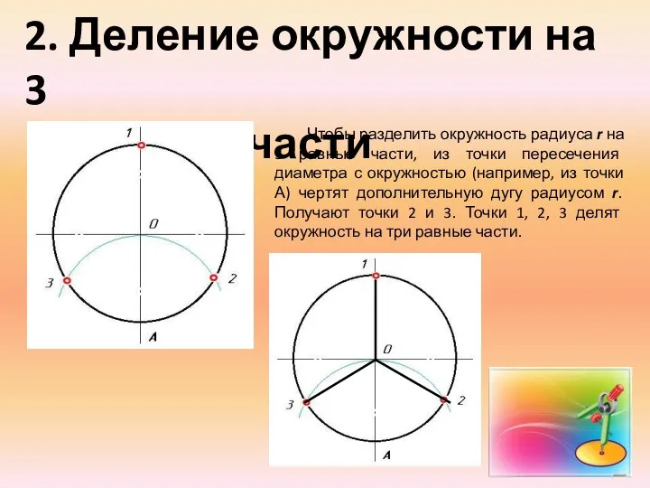 2. Деление окружности на 3 равные части Чтобы разделить окружность радиуса r