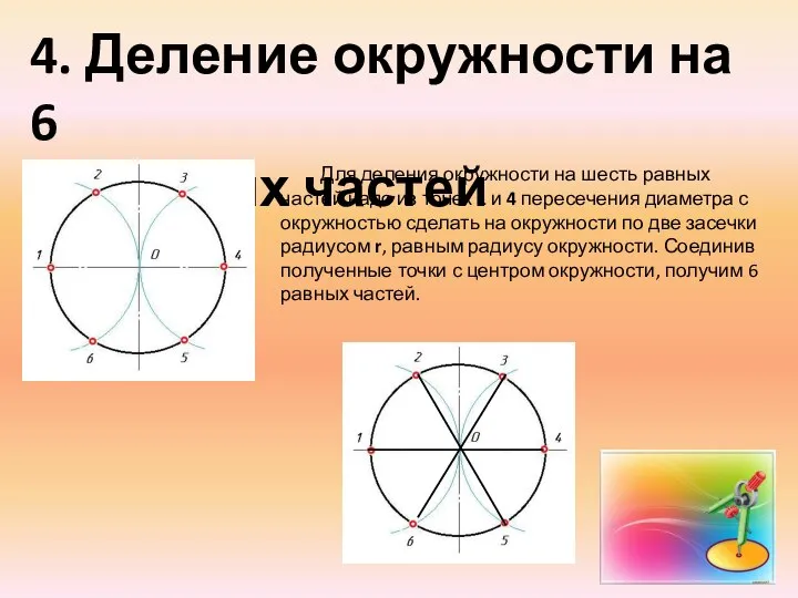 4. Деление окружности на 6 равных частей Для деления окружности на шесть
