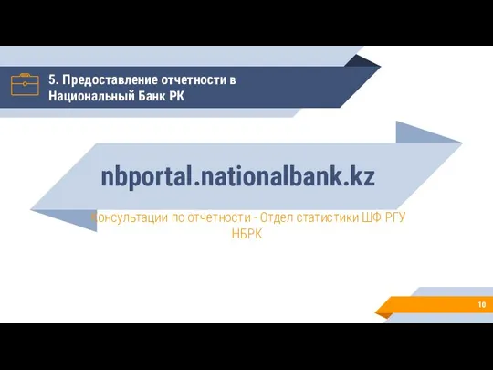 5. Предоставление отчетности в Национальный Банк РК nbportal.nationalbank.kz Консультации по отчетности -