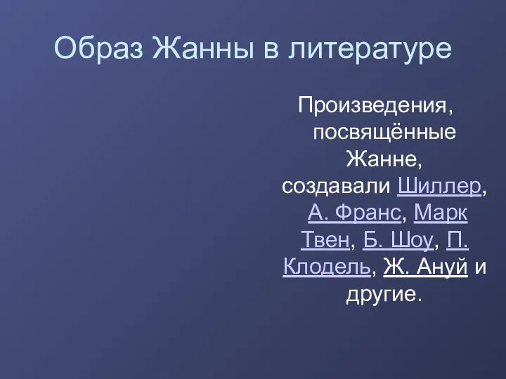 Образ Жанны в литературе Произведения, посвящённые Жанне, создавали Шиллер, А. Франс, Марк