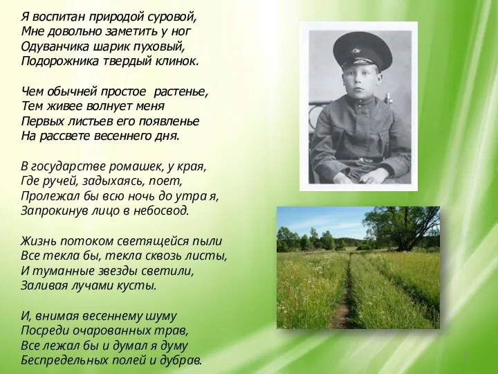 Я воспитан природой суровой, Мне довольно заметить у ног Одуванчика шарик пуховый,