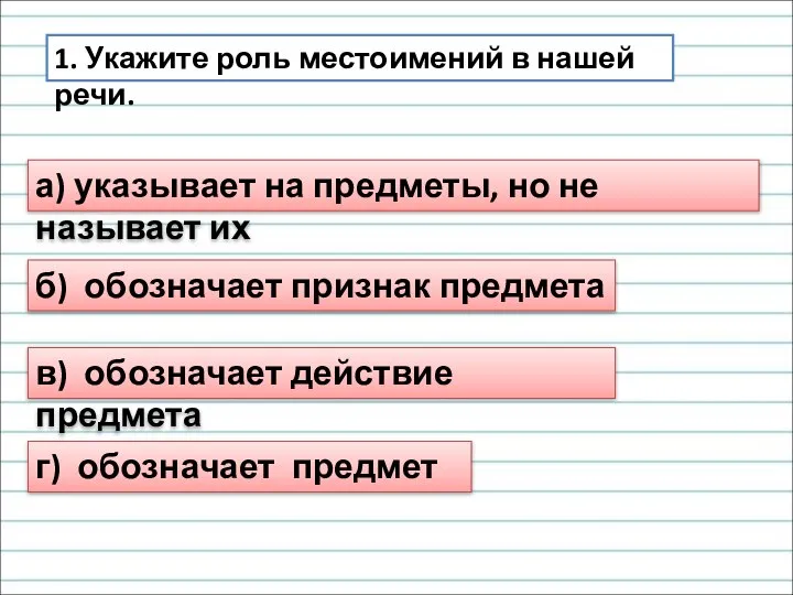 1. Укажите роль местоимений в нашей речи. а) указывает на предметы, но