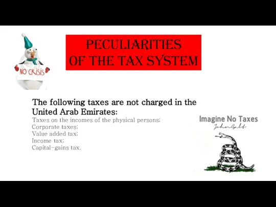 peculiarities of the tax system The following taxes are not charged in