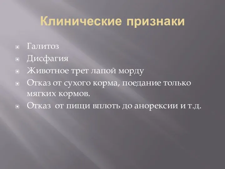 Клинические признаки Галитоз Дисфагия Животное трет лапой морду Отказ от сухого корма,