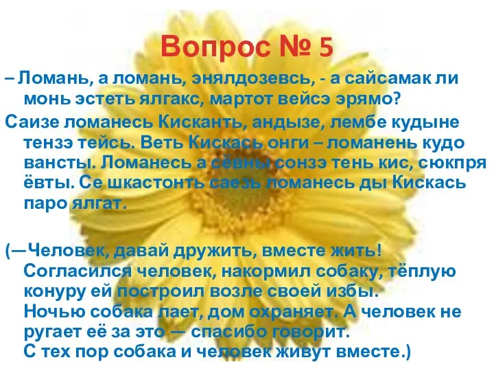 Вопрос № 5 – Ломань, а ломань, энялдозевсь, - а сайсамак ли