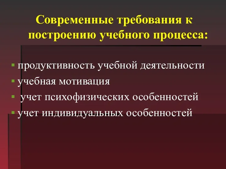 Современные требования к построению учебного процесса: продуктивность учебной деятельности учебная мотивация учет