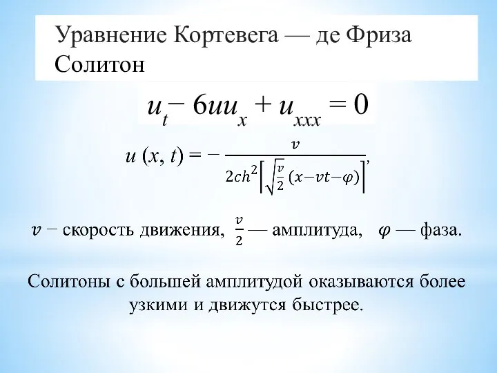 Уравнение Кортевега — де Фриза Солитон ut− 6uux + uxxx = 0